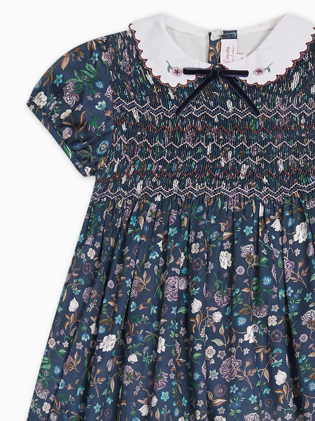 Robe à smocks bleu marine à motifs floraux pour fille