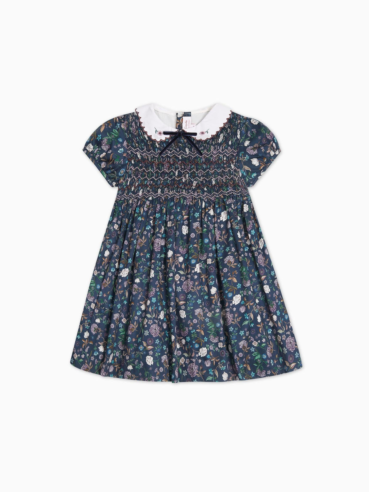 Robe à smocks bleu marine à motifs floraux pour fille