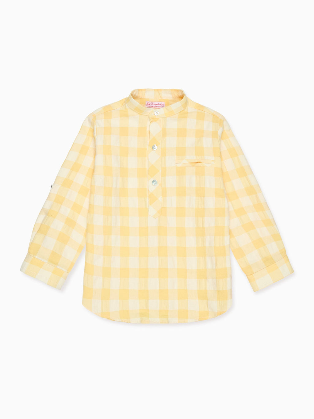 Chemise garçon à manches longues en mélange de lin vichy jaune